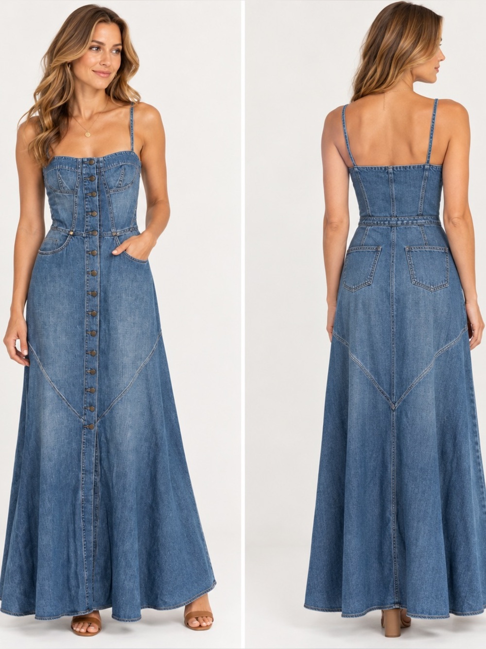 Denim Button-Front Maxi Dress Blue Square Neckline Sz 10